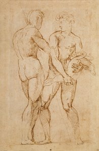 Dos hombres desnudos de pie, uno sosteniendo un cordero